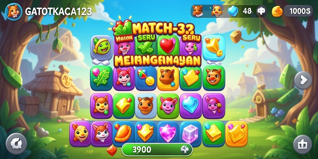Screenshot GATOTKACA123 menampilkan gameplay Match-3 yang seru.