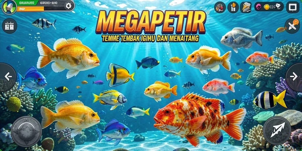 Tampilan gameplay seru MEGAPETIR dengan berbagai ikan berwarna-warna.
