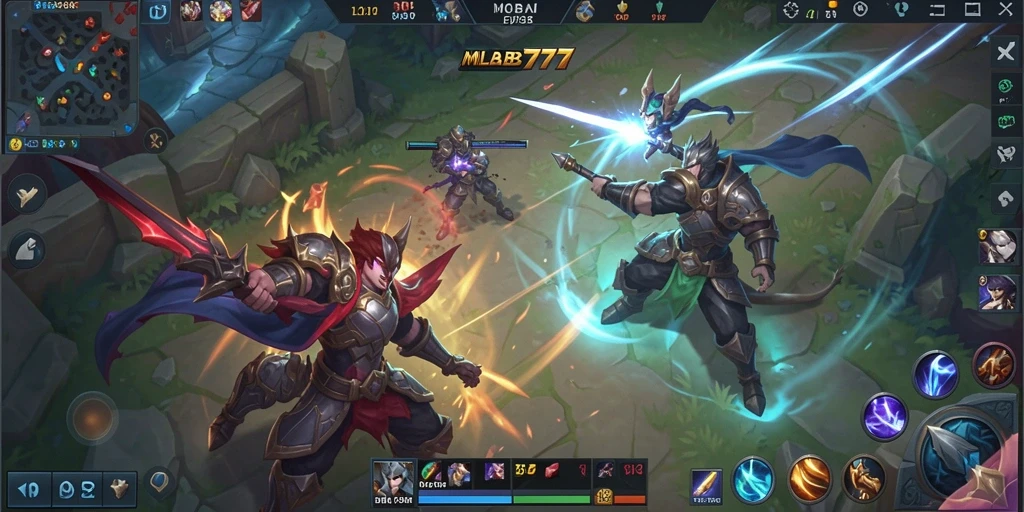 Tampilan gameplay seru dalam MLBB777, pertarungan MOBA yang mendebarkan.