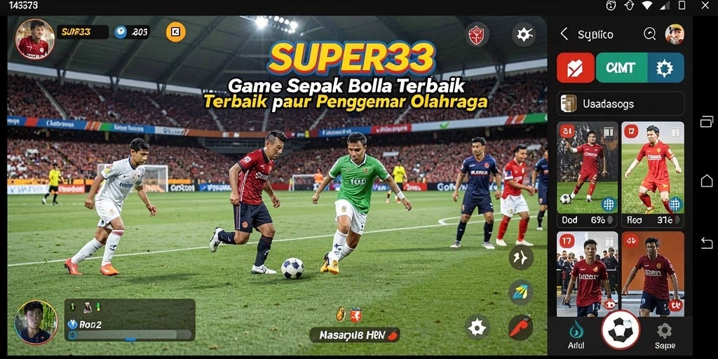 Screenshot gameplay SUPER33 menunjukkan aksi mendebarkan di lapangan sepak bola.
